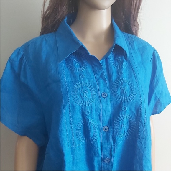 Ecologie linen top size 2X blue button down short sleeves collared shirt - Picture 3 of 11